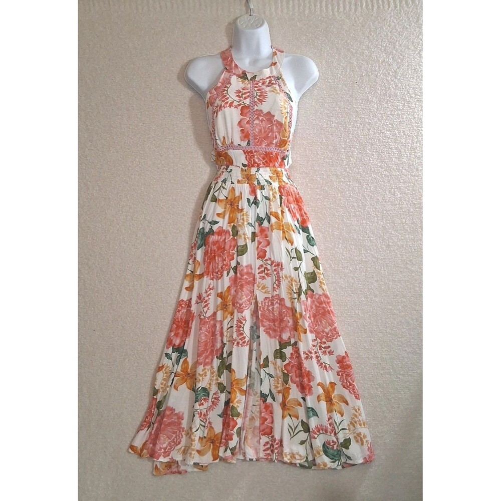 Floral Halter Slit Maxi Dress Sz S Boho Coquette Ethereal Garden Party Vacation